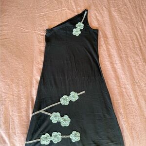 Synergy Organic Clothing One-Shoulder Dress with Green Floral Accents